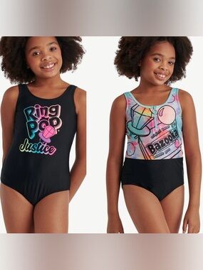 NWT Bundle of 2 Justice Girls' Black Multicolor Ring Pop‎ One-Piece Swimsuits